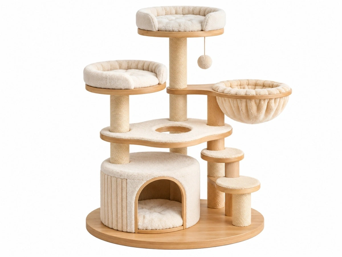 Tiragraffi per Gatti - Legno/Corda/Peluche - Design Multi-Livello