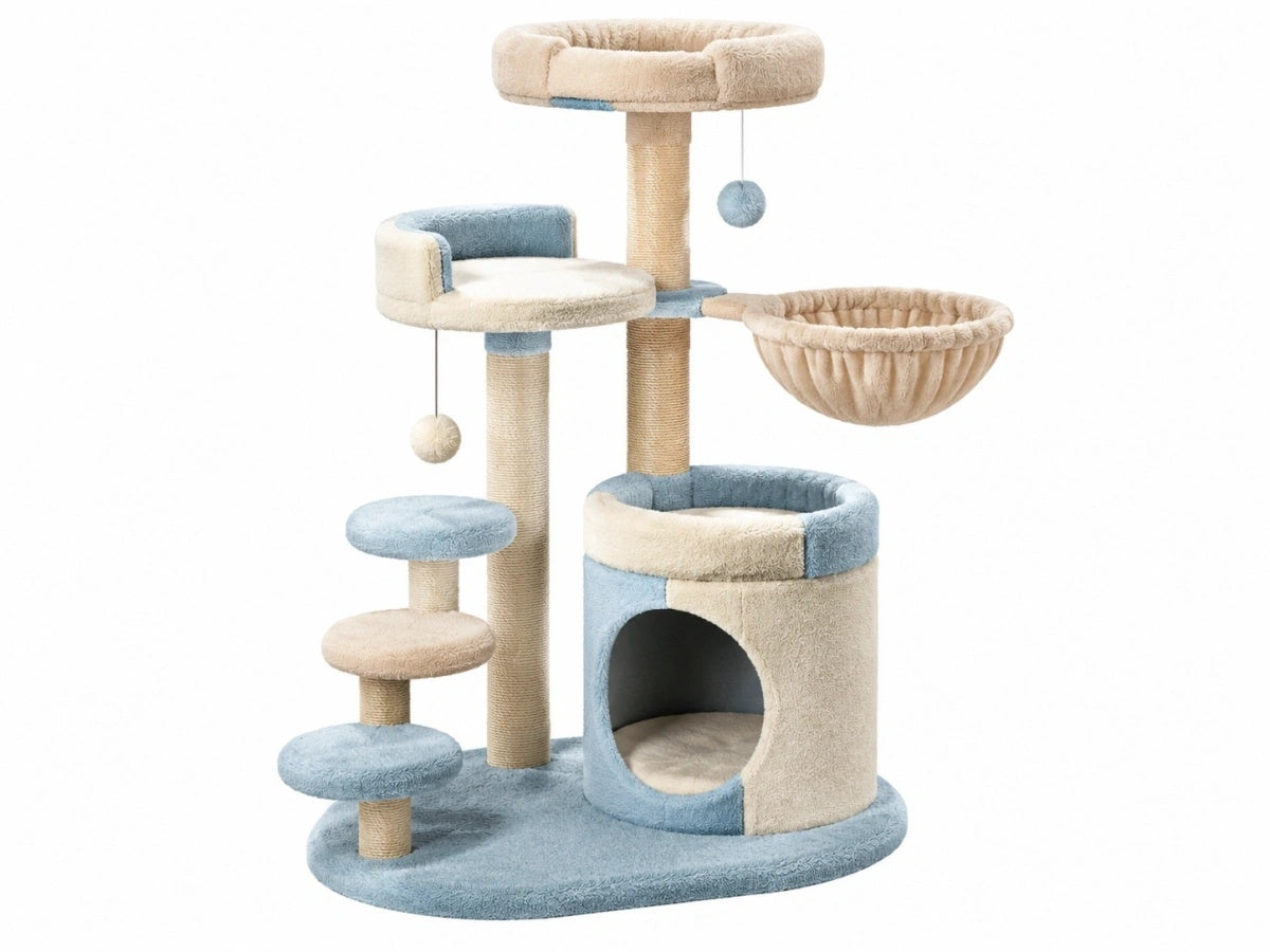 Tiragraffi per Gatti - Tessuto Beige/Blu - Multilivello con Piattaforme