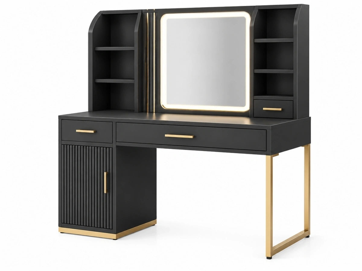 Tavolo da Toeletta - Legno/Metallo Nero/Oro - Specchio con Illuminazione