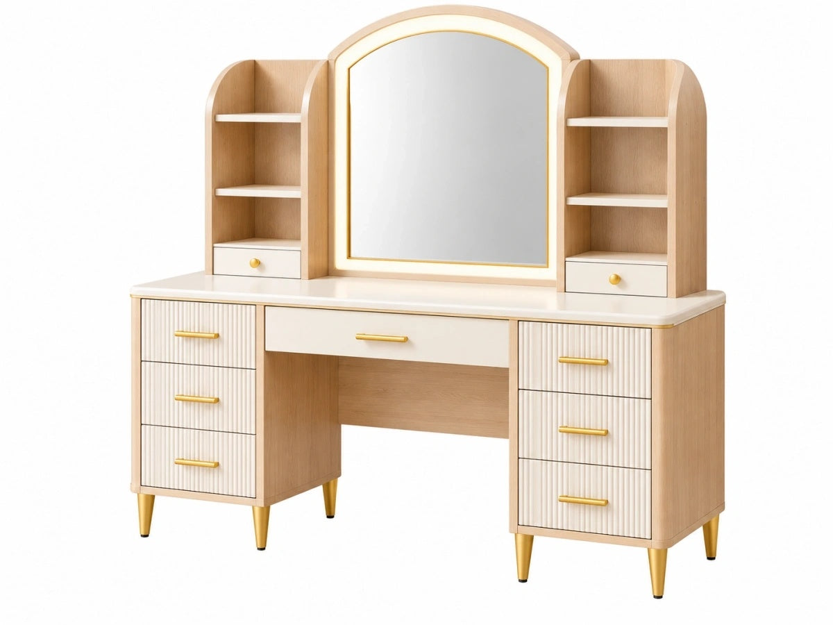 Tavolo da Toeletta con Specchio - Legno/Beige - Stile Moderno