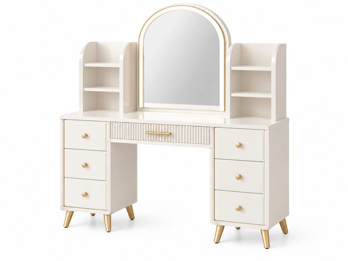Toilette con Specchio Grande 6 Cassetti Elegante - Bianco Oro - Arredamento Camera